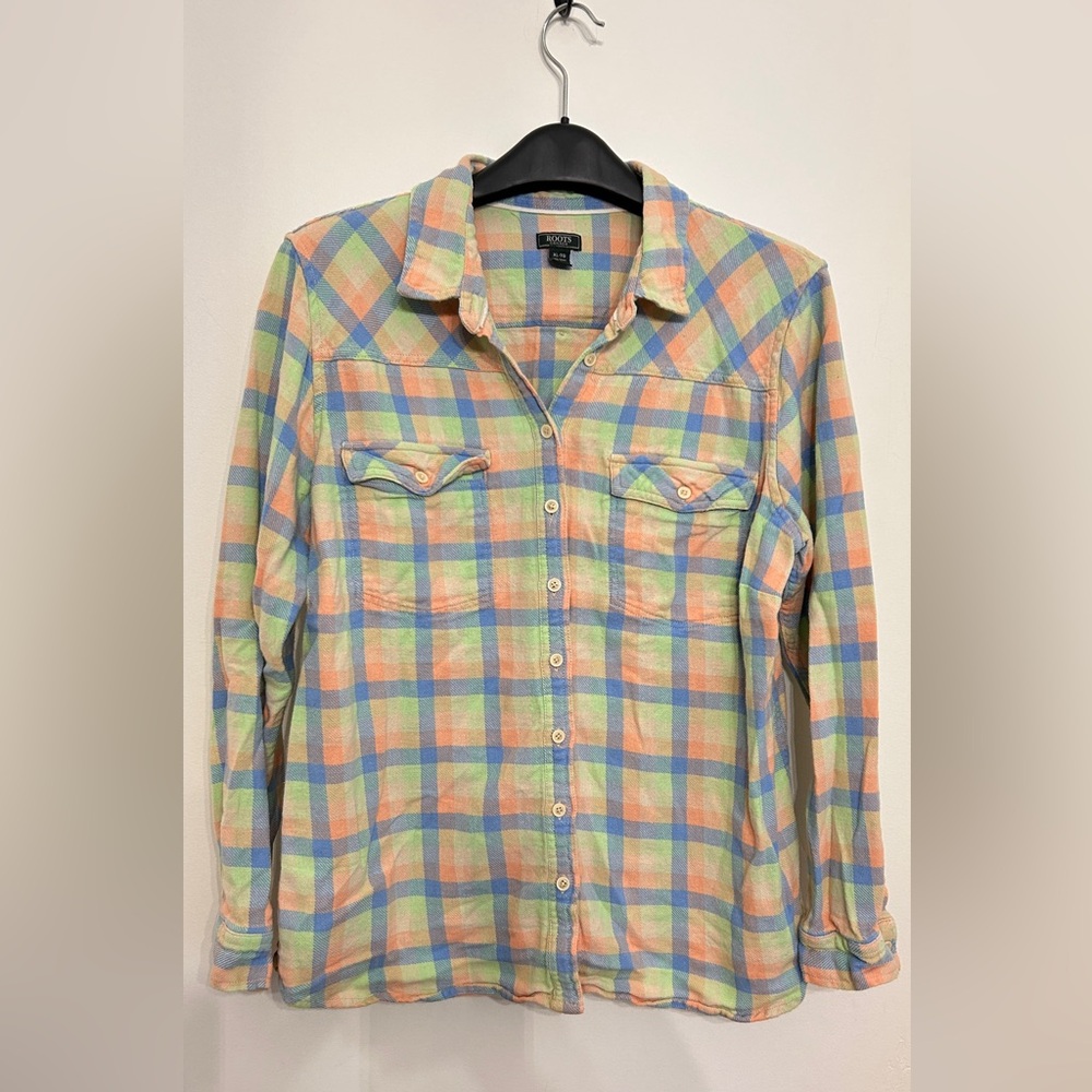 ROOTS CANADA NEON PLAID FLANNEL BUTTON UP